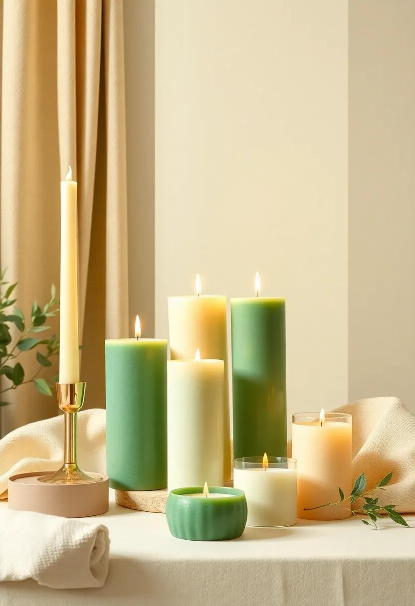 Experiment with green and beige candles⁢ of varying heights for an elegant ‍touch, creating a soothing atmosphere when lit