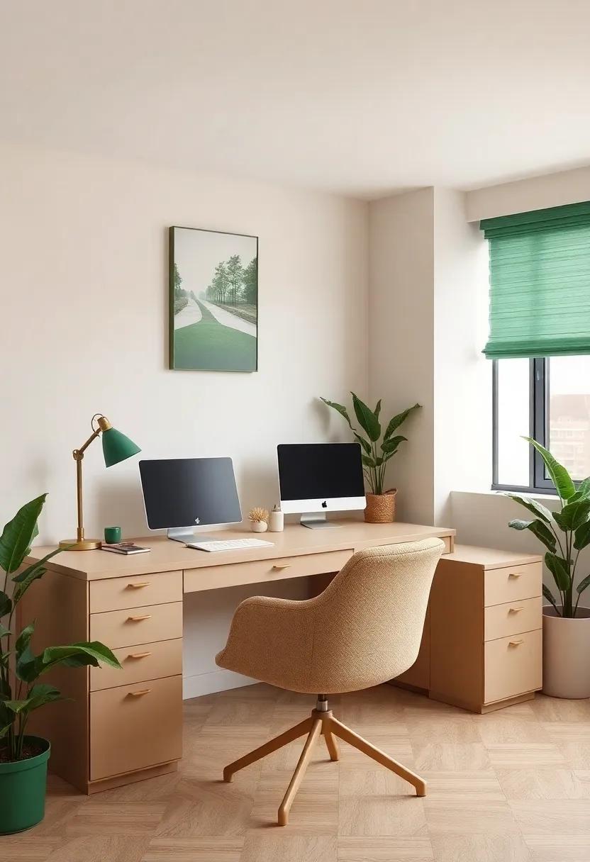 Create a serene workspace with beige⁤ desks paired with green accessories, promoting focus and calm throughout your workday