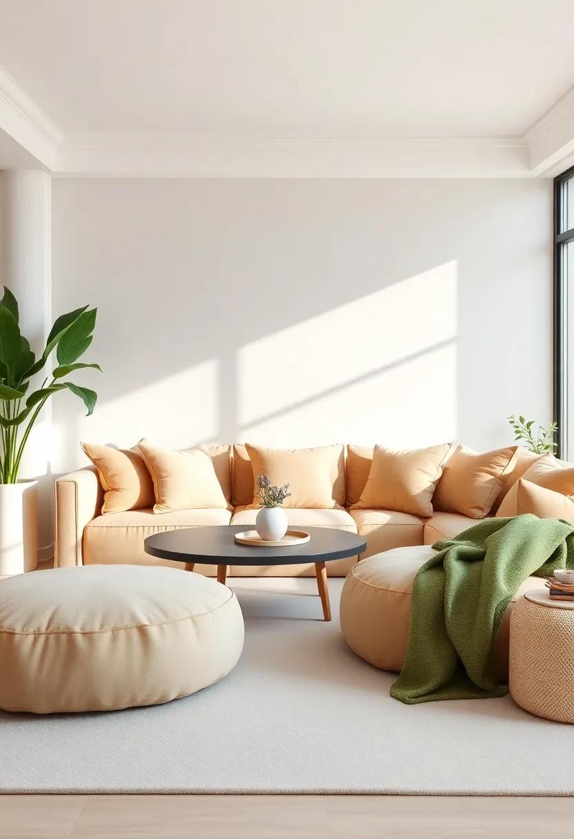 Invest in elegant ‌beige cushions and poufs for your lounge area, allowing for versatile⁣ seating while maintaining⁣ a peaceful vibe