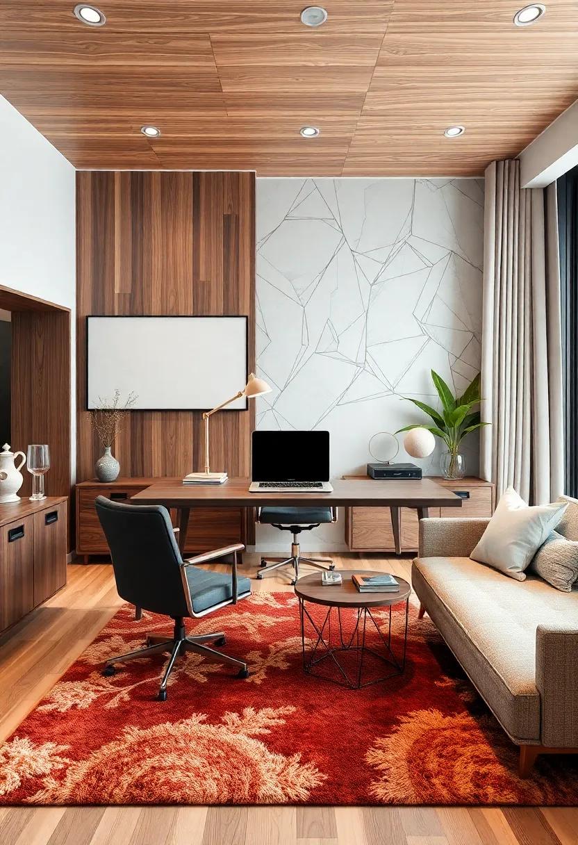 create a Mix of Textures: Blend various materials like wood, metal, and textiles to create an inviting and visually stimulating workspace. A combination of plush rugs, polished finishes, and soft furnishings can make your office feel both luxurious and warm