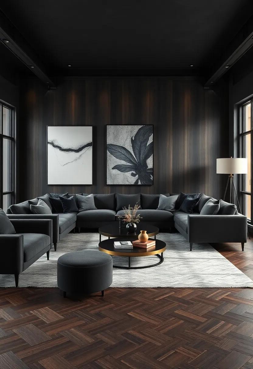 A ​seamless⁣ blend of dark wood and charcoal fabrics creates a sophisticated backdrop, while oversized⁣ statement art pieces draw the eye and enhance ⁢the industrial vibe
