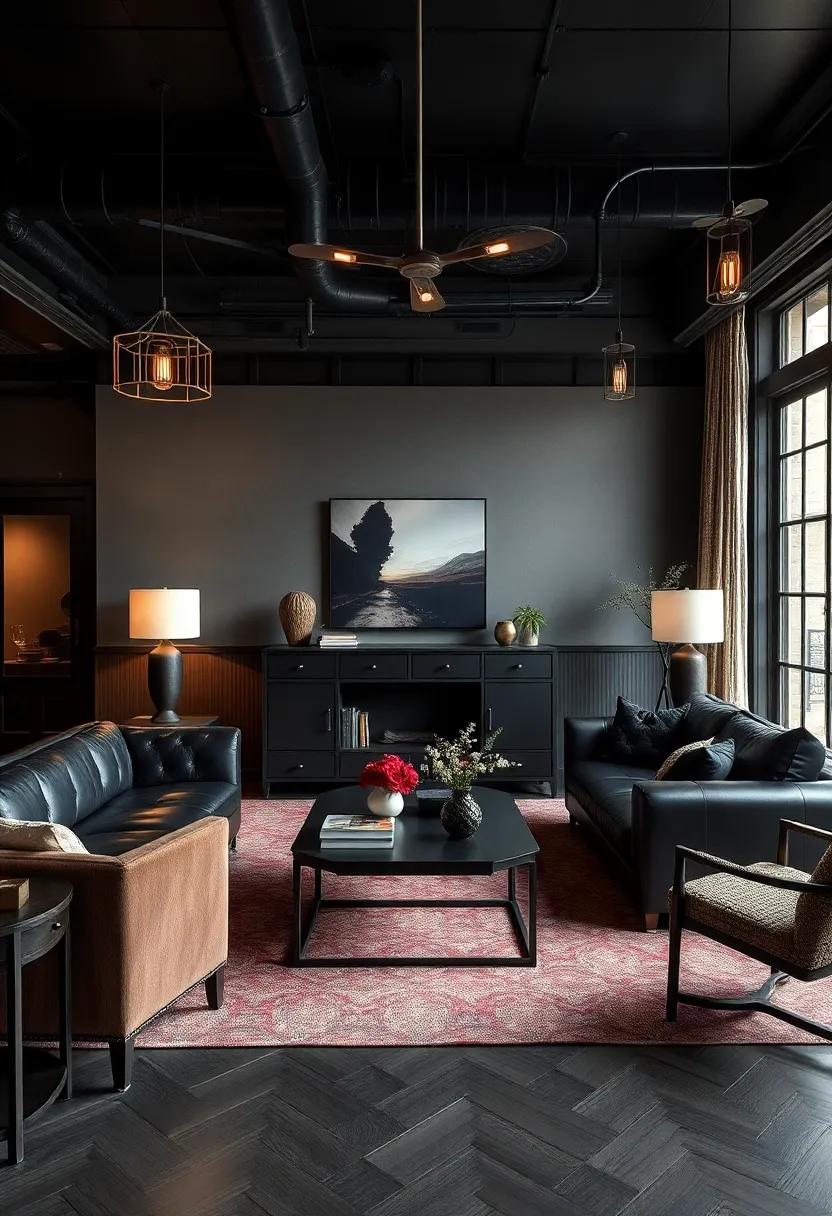 Intricate lighting⁢ fixtures cast ‍dramatic shadows in this​ living room, where a contrast of dark leather and rich textiles‌ creates a ⁢sumptuous, layered look, perfect for stylish entertaining