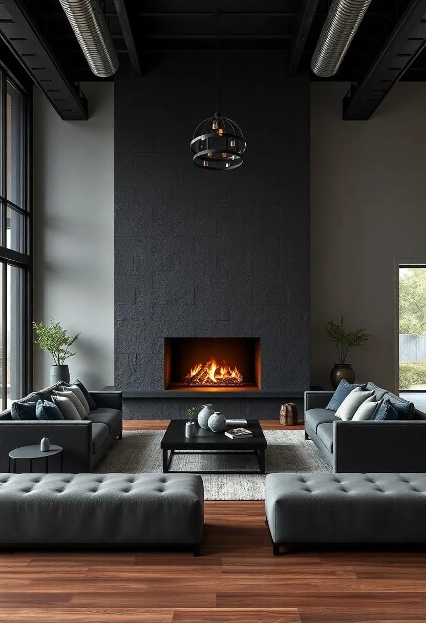 This striking‍ space features a modern fireplace framed by dark stone,providing warmth​ to⁤ the ⁤cool‍ tones of its surrounding furniture,blending comfort with a bold ⁢aesthetic