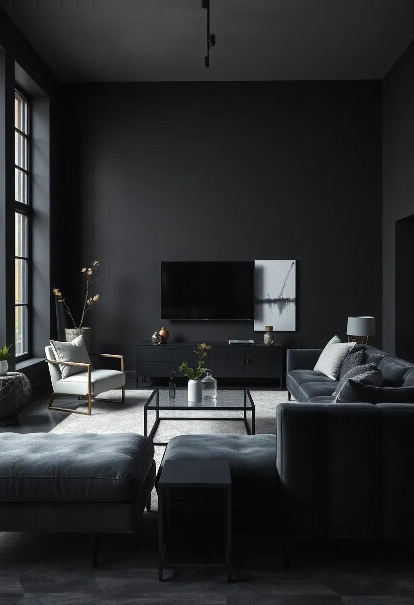 Bold black walls provide an edgy canvas for a mix ‌of sleek metal furniture and plush velvet accents,‍ striking ‍the⁤ perfect balance between⁣ hardness and softness
