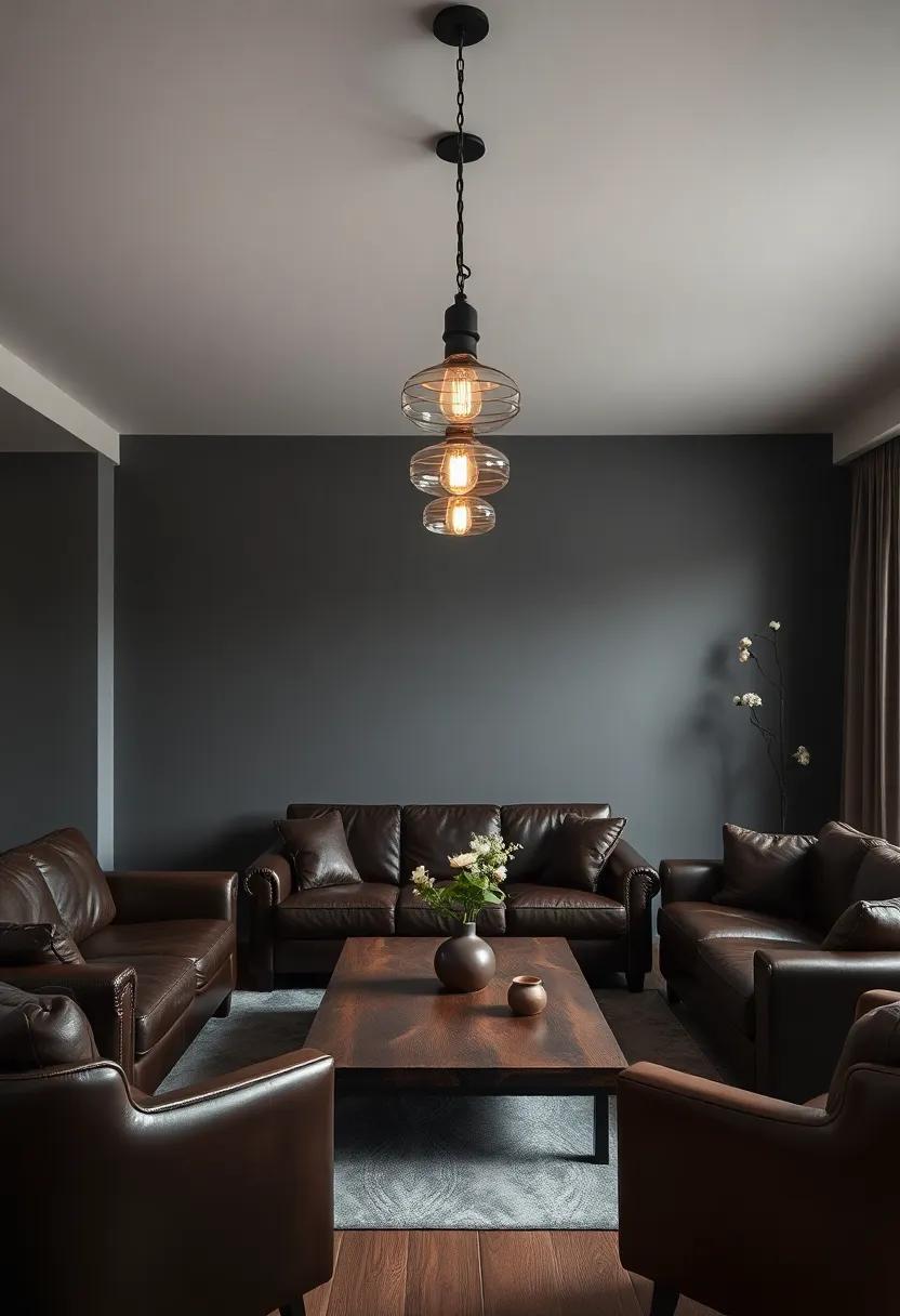 Industrial light fixtures hang over a rich walnut coffee ⁤table,surrounded by a ⁣cozy arrangement of leather sofas in dark shades,creating an intimate yet chic atmosphere