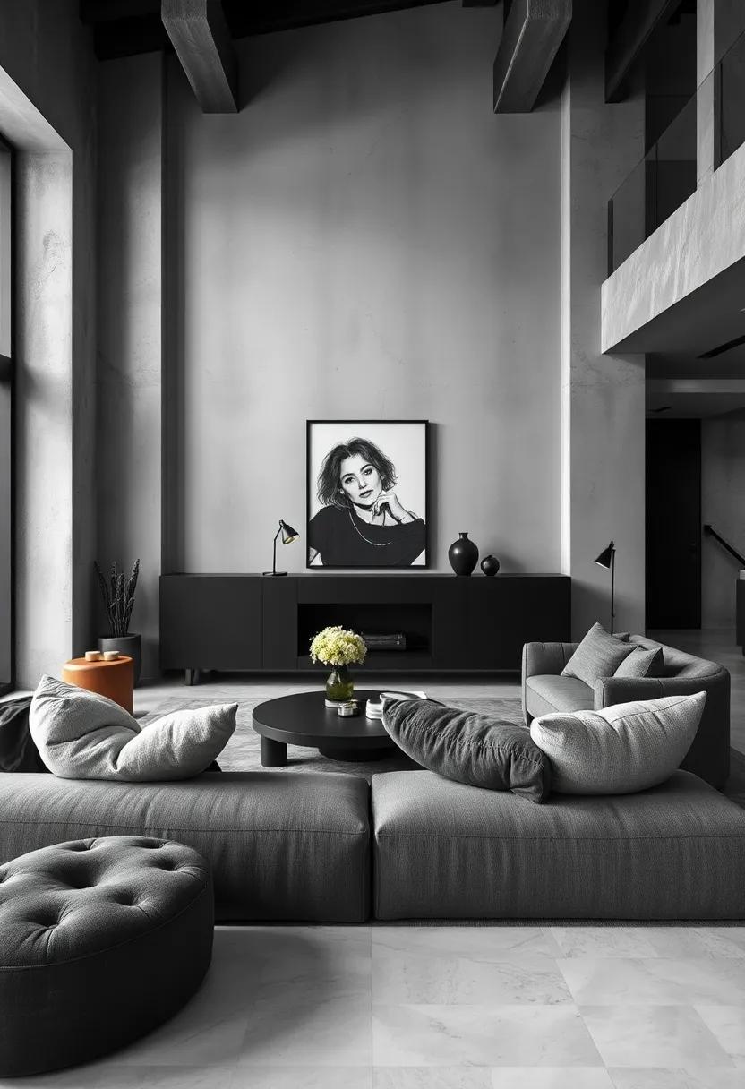 A moody palette of greys and blacks is punctuated ⁣by soft textures in this stunning living room,⁢ where oversized cushions invite​ relaxation amidst architectural elements