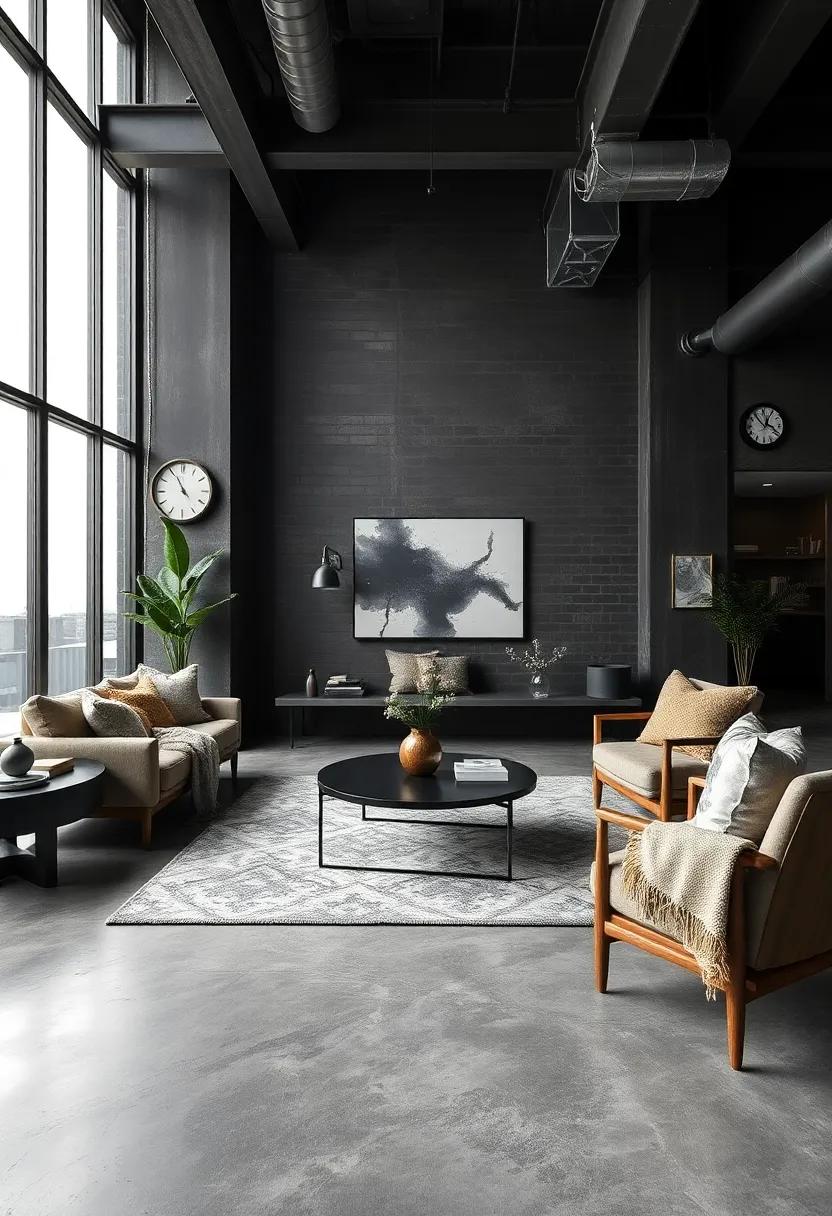 Exposed brick meets ​deep navy upholstery in this living room, where a contemporary‍ coffee table anchors the space, ​bringing together industrial ruggedness and ‍refined elegance