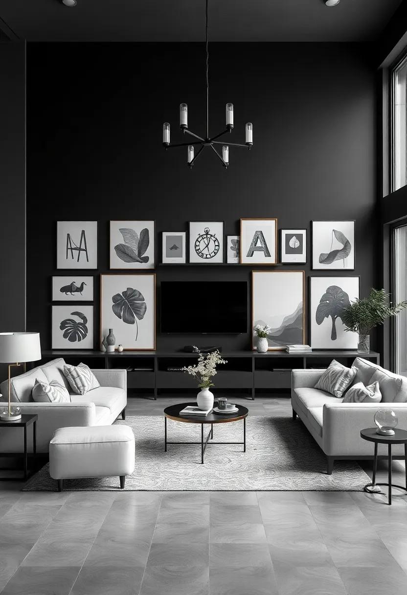 A gallery wall showcasing an array ‍of ⁢monochrome art complements the minimalist furniture pieces, forming a‍ cohesive industrial-themed living‌ room that speaks of luxury