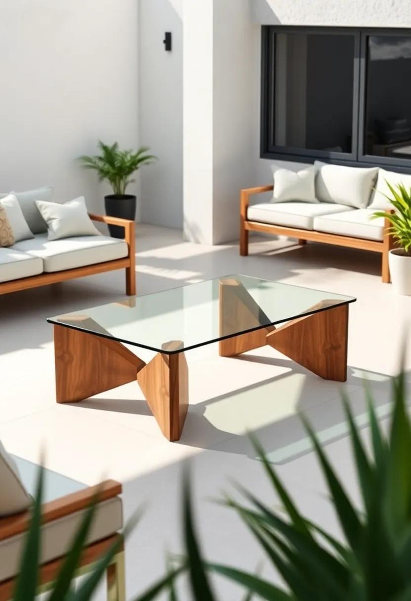 Iconic Coffee Table: Discover a sculptural coffee table, made from rich ‍wood ⁣and tempered glass, that serves as a stunning centerpiece for your patio