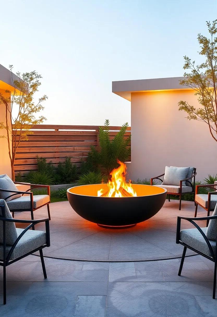 Modern Fire Pit: Gather around a chic, circular fire ‌pit⁢ that combines ⁤sleek metal with organic​ forms, creating a warm ambiance ‌for evenings outdoors