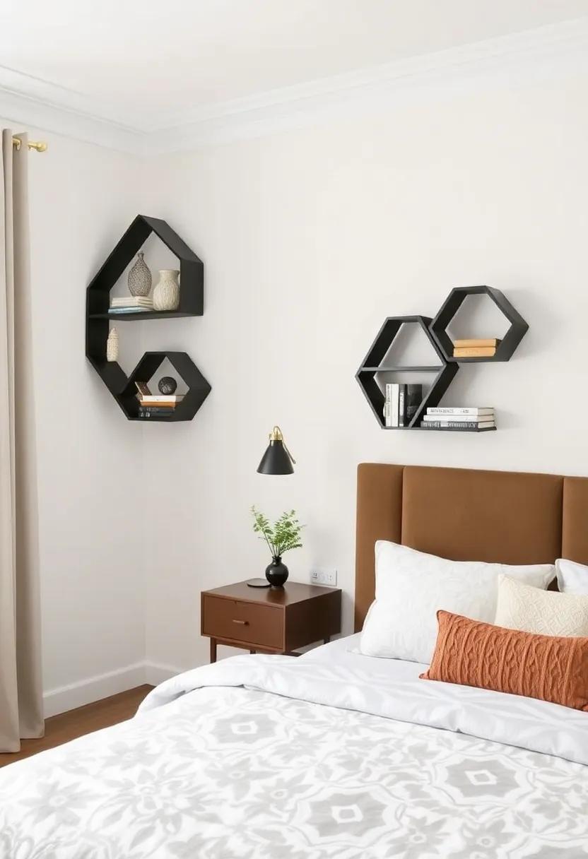 9) Incorporate Geometric Shelving: ​Utilize wall-mounted geometric⁤ shelves ‍to display books and ​decorative items,adding both ‌function and artistic flair