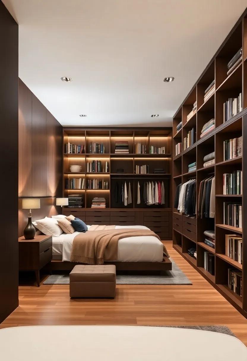 A reading library with bookshelves that blend seamlessly into the design of the walk-in closet