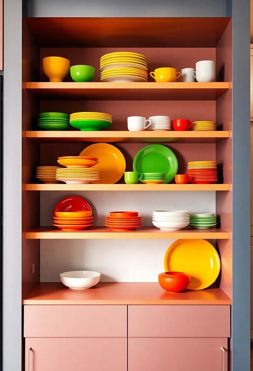 Bright Dishware Display: Showcase your favorite colorful dishes in open shelving, blending practicality with visual appeal