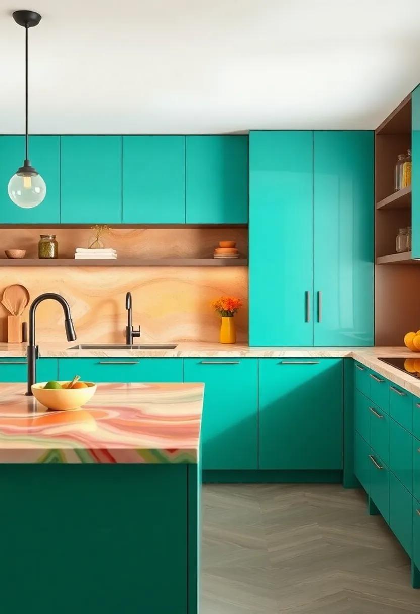 Colorful Countertops: Opt for unique countertop materials with vibrant patterns or colors that can serve as an artistic centerpiece