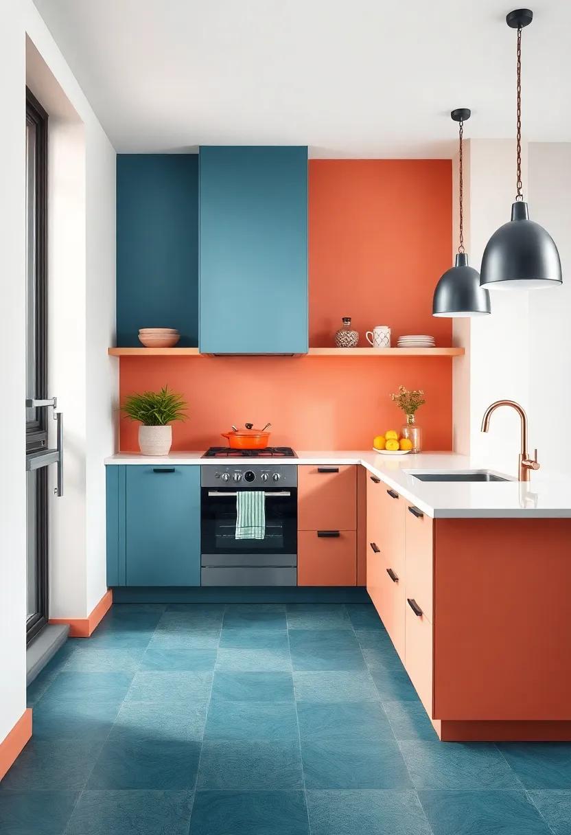 Colorful Flooring: consider a patterned or brightly colored floor tile that sets the tone and brings energy to the kitchen