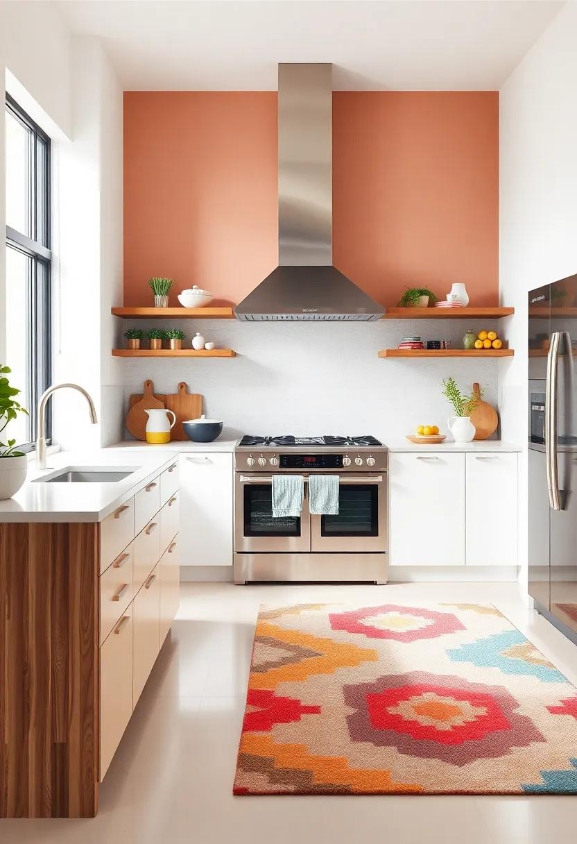 Color-Infused rugs: Add an area rug with a vibrant design underfoot to soften the space and infuse it with warmth