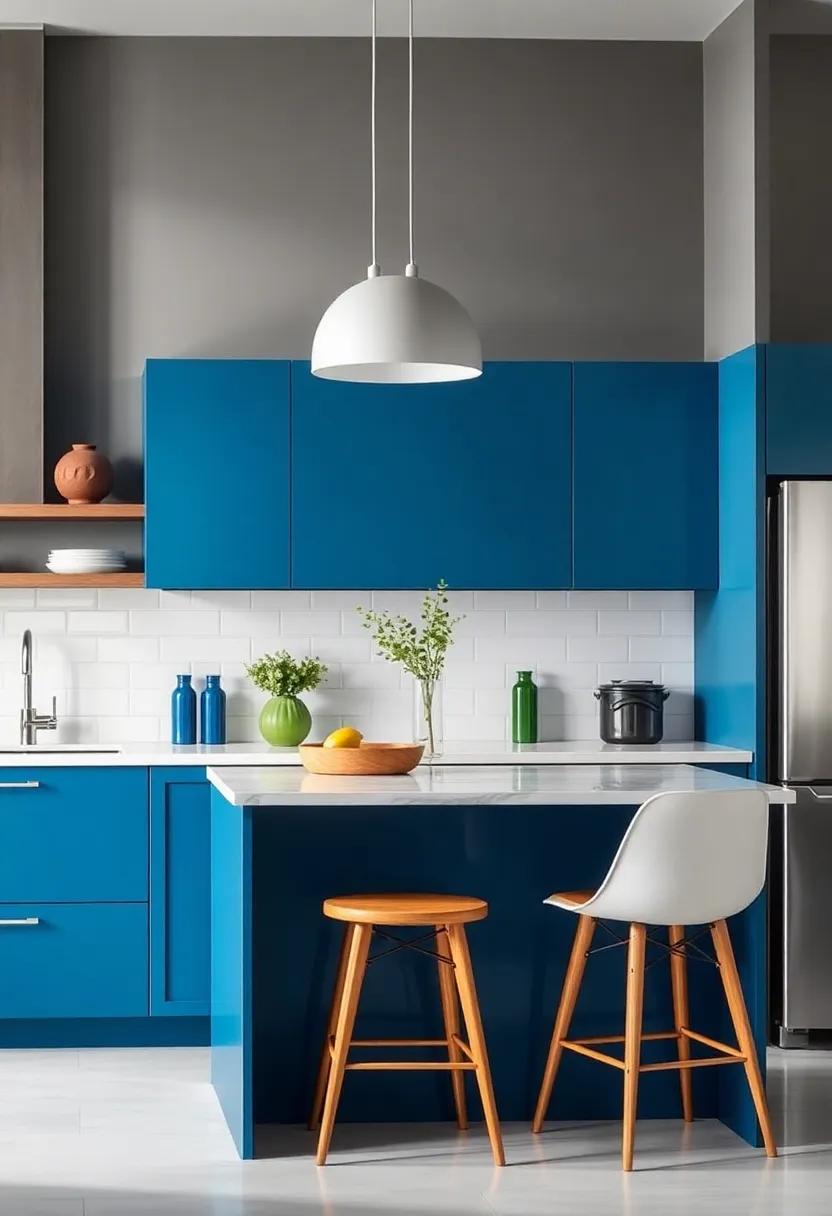 Embrace bold Cabinet Colors: Swap out traditional white for eye-catching blues or greens to make a statement in your kitchen