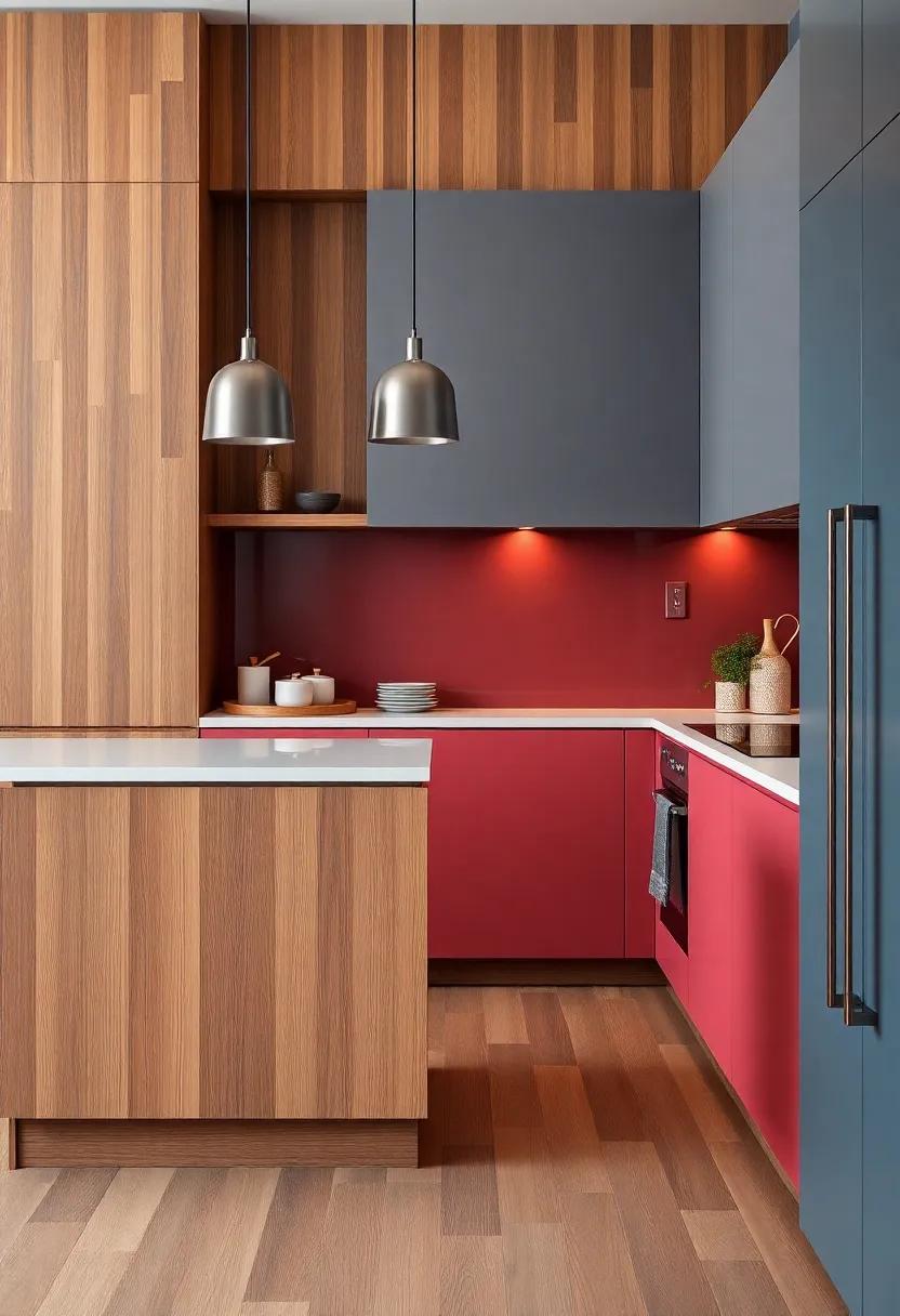 Mix Materials: Combine wood, metal, and colorful finishes to create a contemporary kitchen with depth and interest