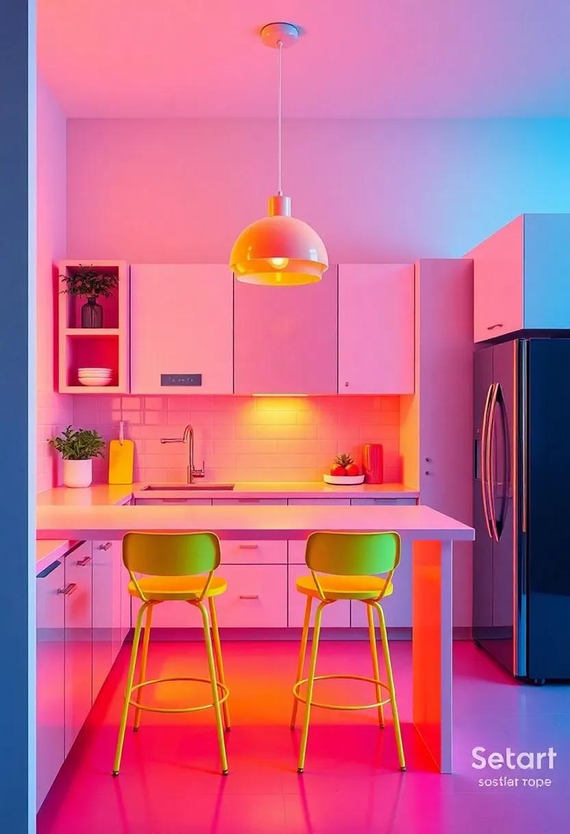 Neon Accents: Incorporate neon-colored accessories, such as bar stools or kitchenware, to inject a pop of modern energy into your space