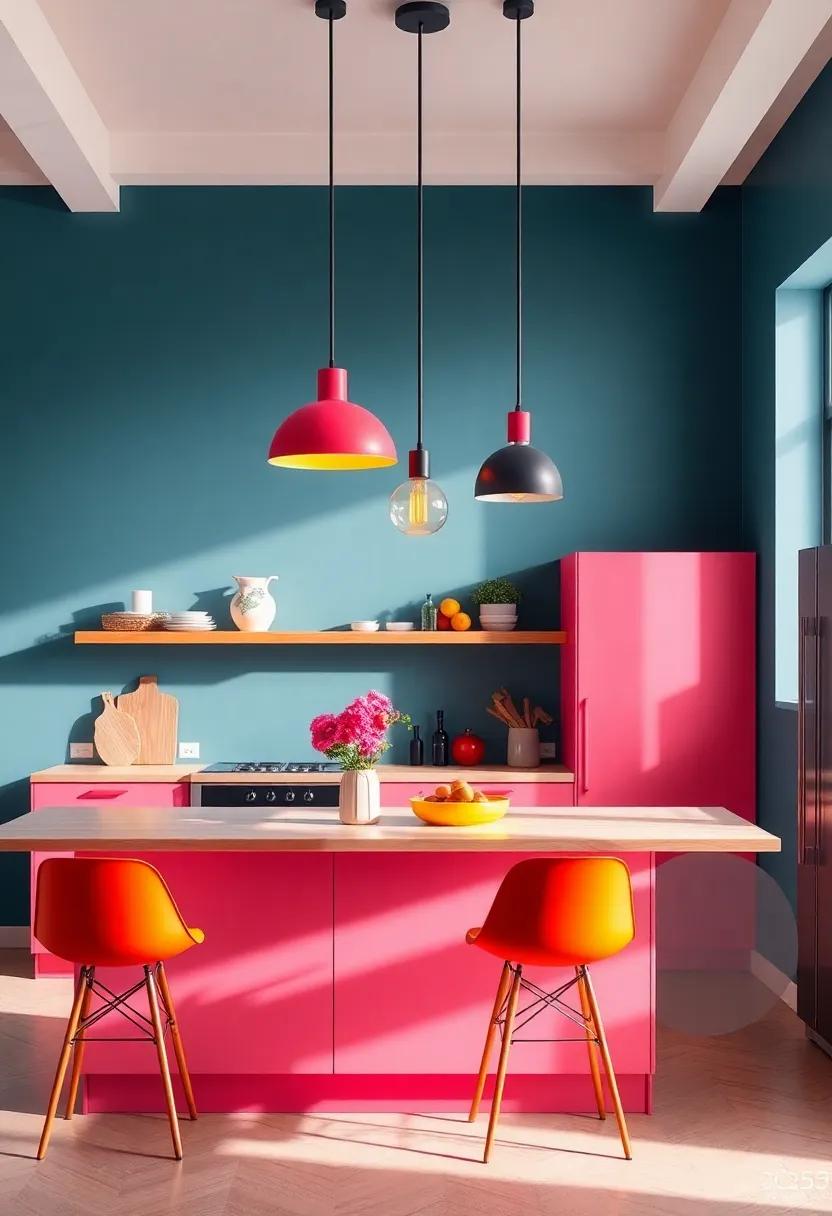 Statement Lighting Fixtures: Choose modern pendant lights in bold hues to illuminate your kitchen while adding a splash of color
