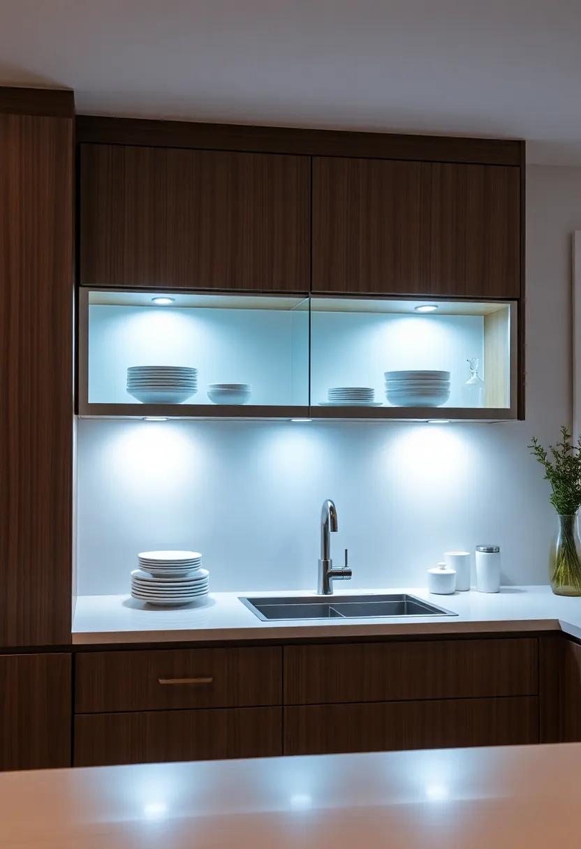 Integrated Lighting in Cabinets: Incorporate lighting into glass-front cabinets to ⁤showcase dishware while ⁢adding⁣ a‍ touch⁣ of‌ sophistication