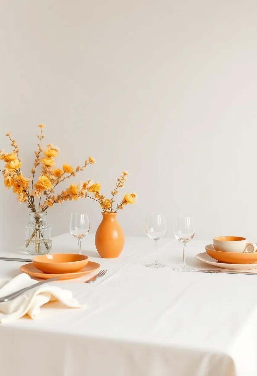 Sophisticated Dining: setting the​ Table with Muted Orange Tableware and Soft‍ Ivory Linens