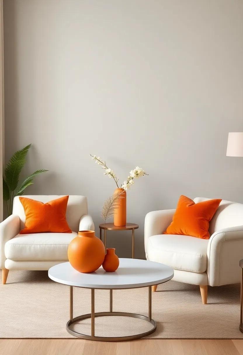 Stylish Contrast: Blending Muted⁤ Orange vases‍ with Elegant⁤ Ivory Furniture