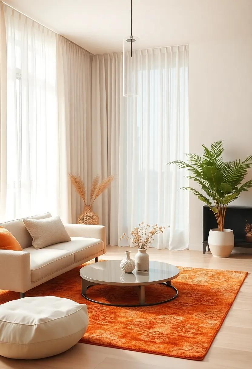 Layered Textures: Combining muted Orange Rugs and⁤ Soft‌ Ivory Curtains