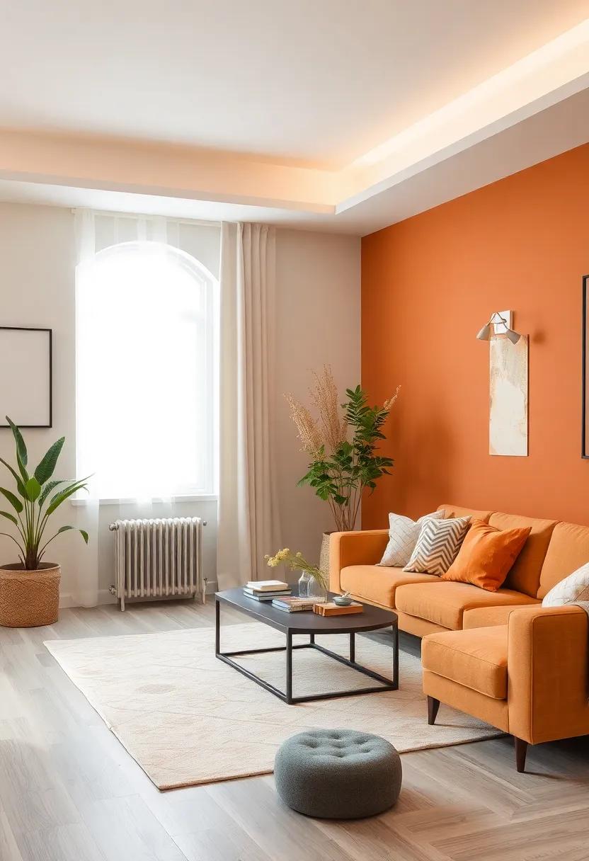 Add Depth ⁣to Your Space ​with‍ muted Orange accent Walls accented by Soft Ivory