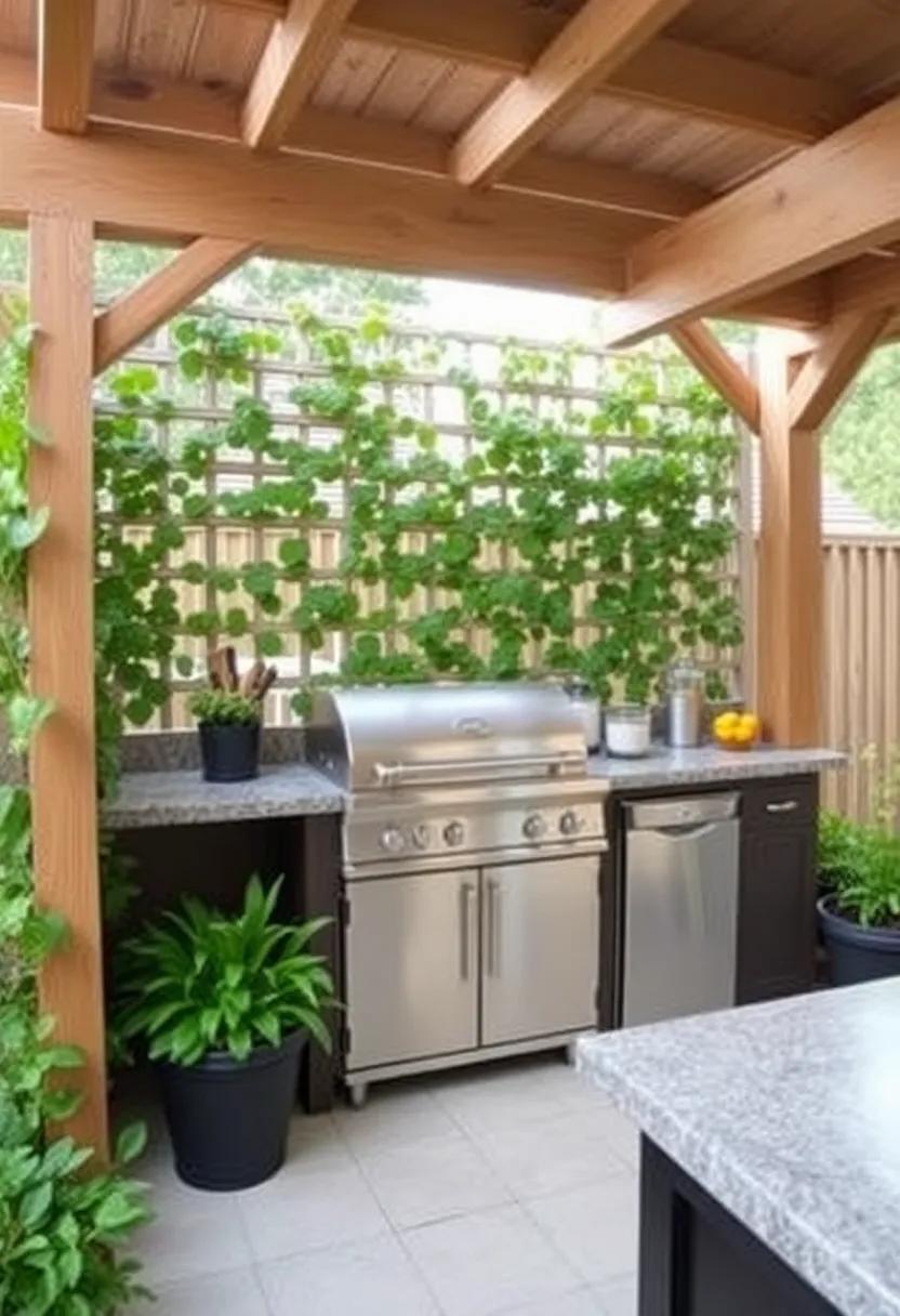 23) Green Climbing wall: Use a trellis⁢ as​ a backsplash​ for climbing plants, inviting nature’s beauty and providing ‍shade and privacy‌ to your cooking area