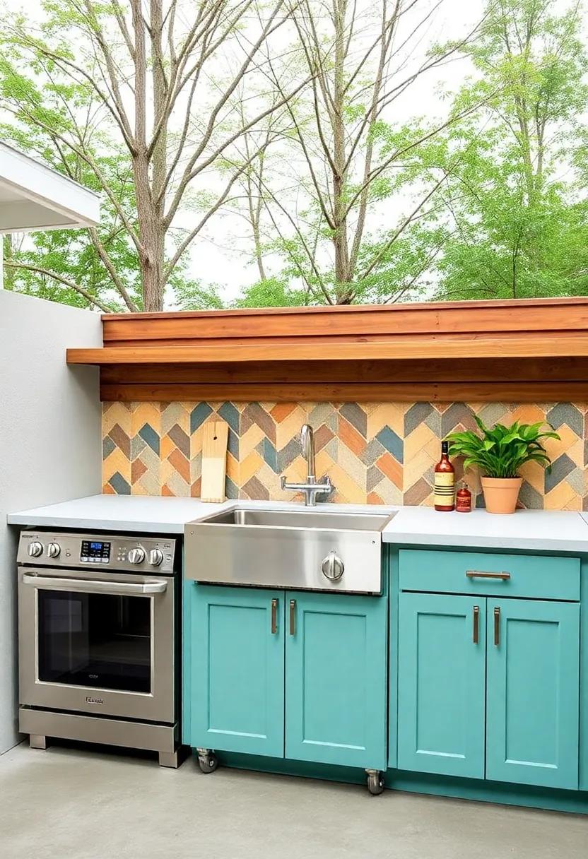 14) Painted Concrete: For a modern industrial look, paint your concrete backsplash with bold colors or geometric patterns, creating a stylish yet durable surface