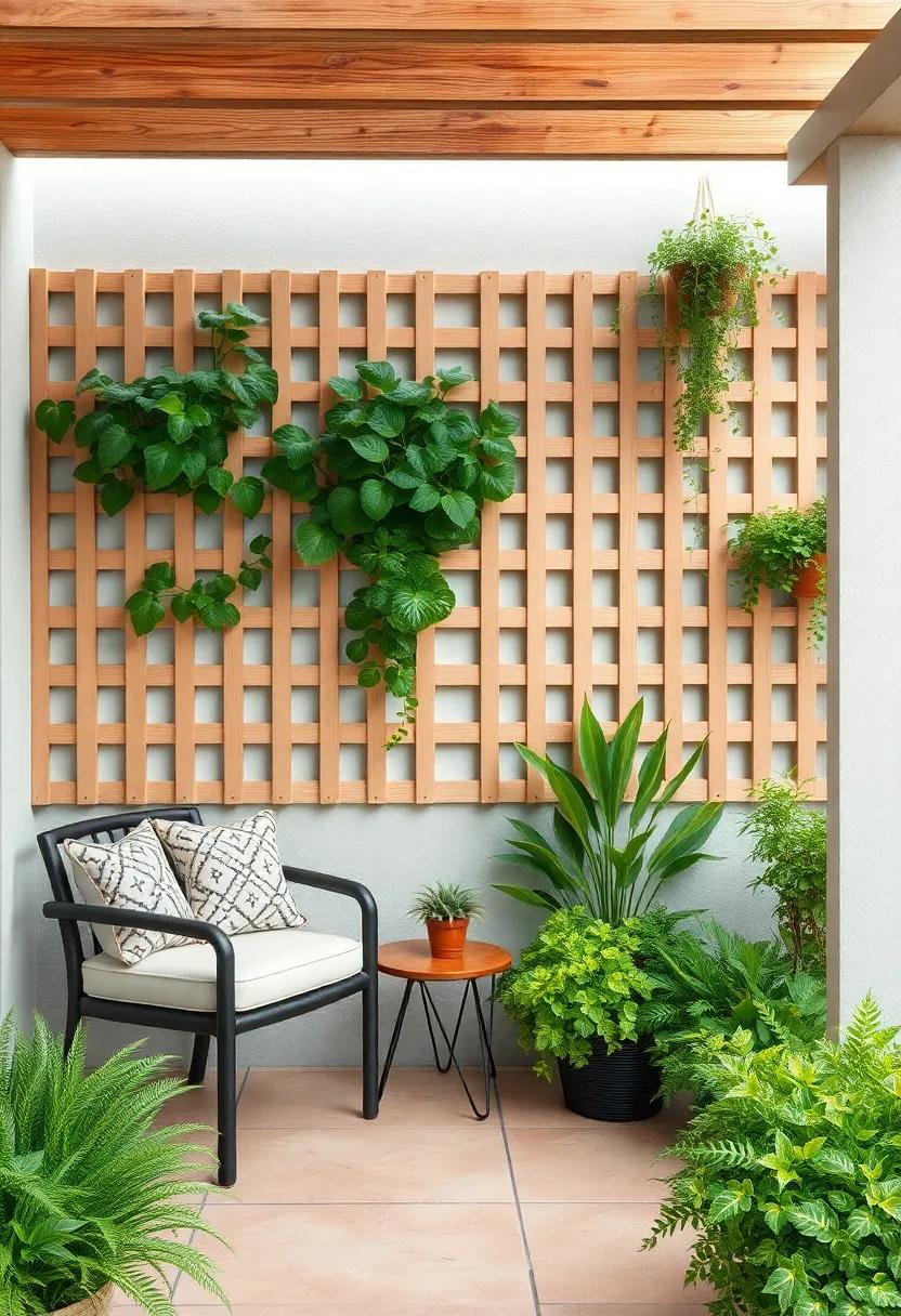 Vertical Garden Screens: Combine privacy and greenery by incorporating lattice with climbing plants and vertical gardens, turning your screen into a living wall