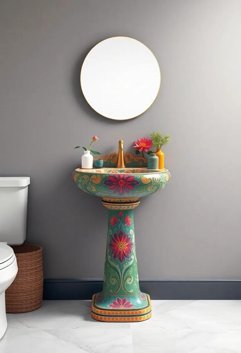 Artistic Expression: This hand-painted pedestal sink showcases vibrant colors and unique patterns, transforming your powder room into a work of art that reflects your personal style