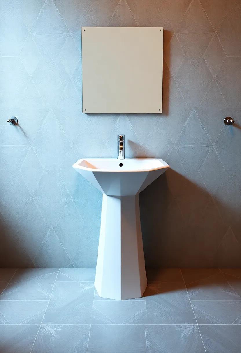 Futuristic Flair: Explore innovative designs with a geometric pedestal sink featuring sharp angles and a glossy surface, making it an eye-catching centerpiece for any stylish bathroom