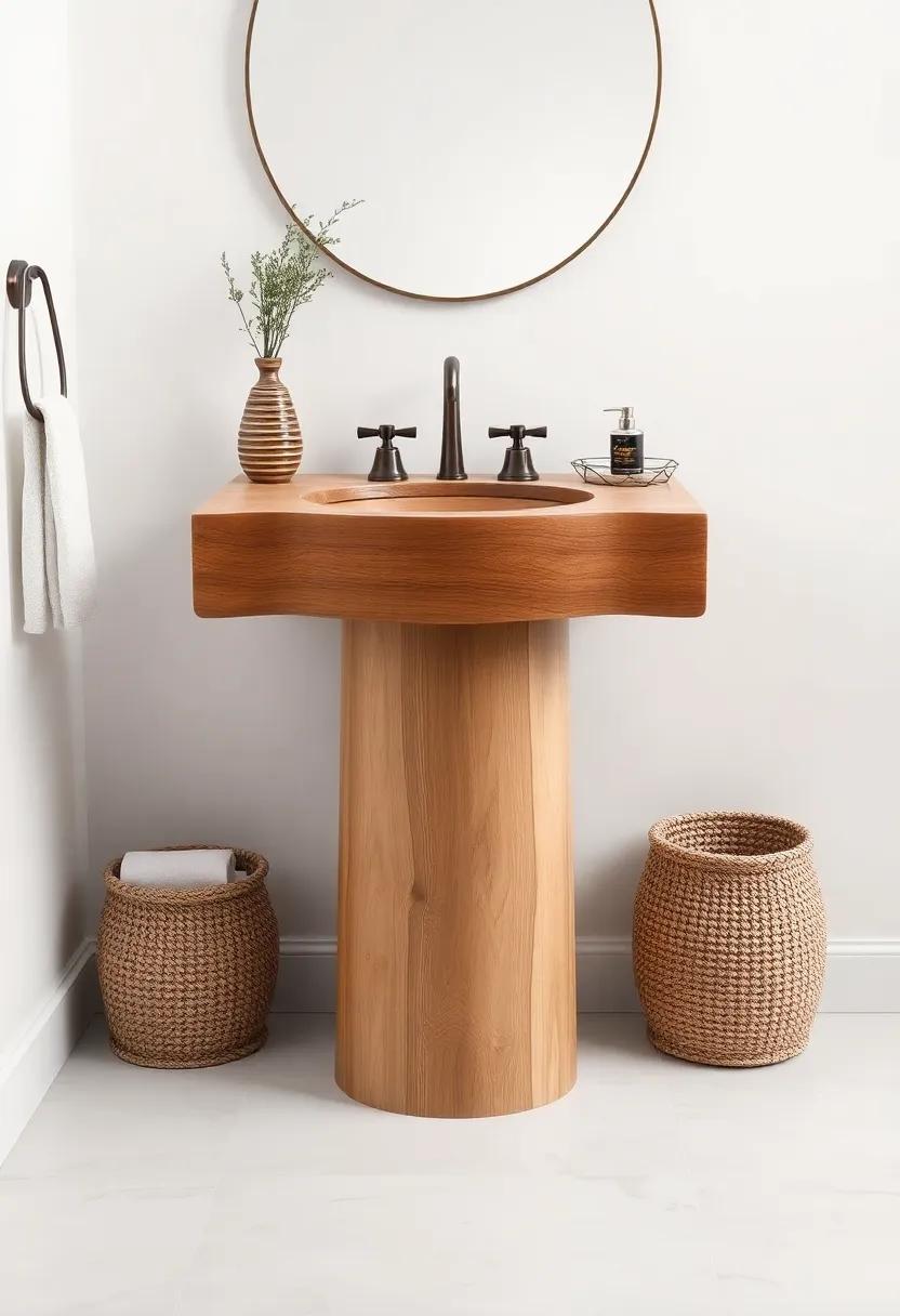 Rustic Retreat: Introducing a wooden pedestal sink that combines organic elements with craftsmanship, perfect for bringing a cabin-like ambiance to your powder room