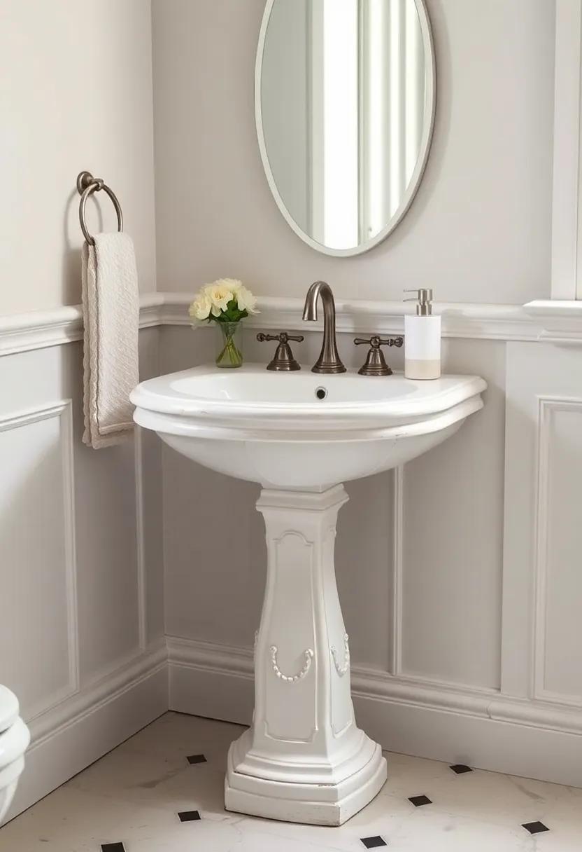 Vintage Charm: This beautifully distressed pedestal sink brings an old-world elegance to your powder room, complete with intricate detailing and a classic white finish
