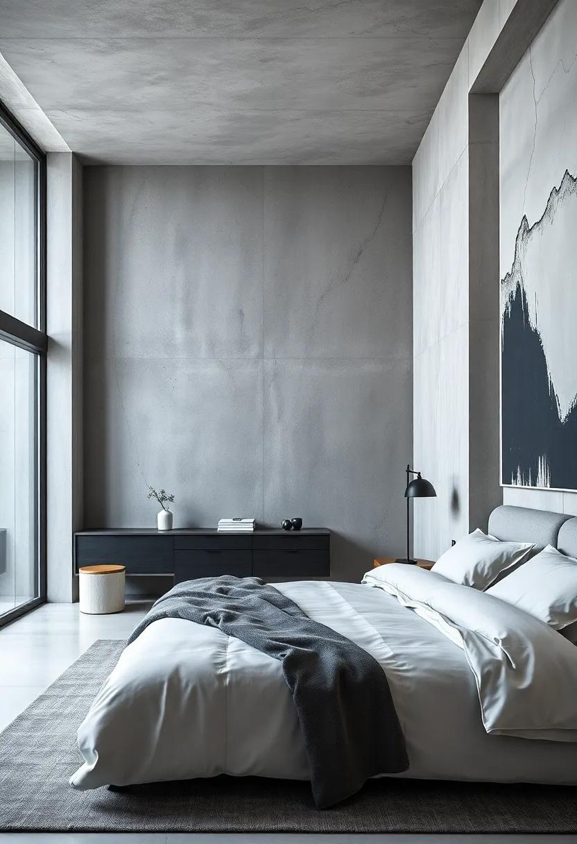 Innovative‍ Storage Solutions in a Raw​ Concrete Bedroom