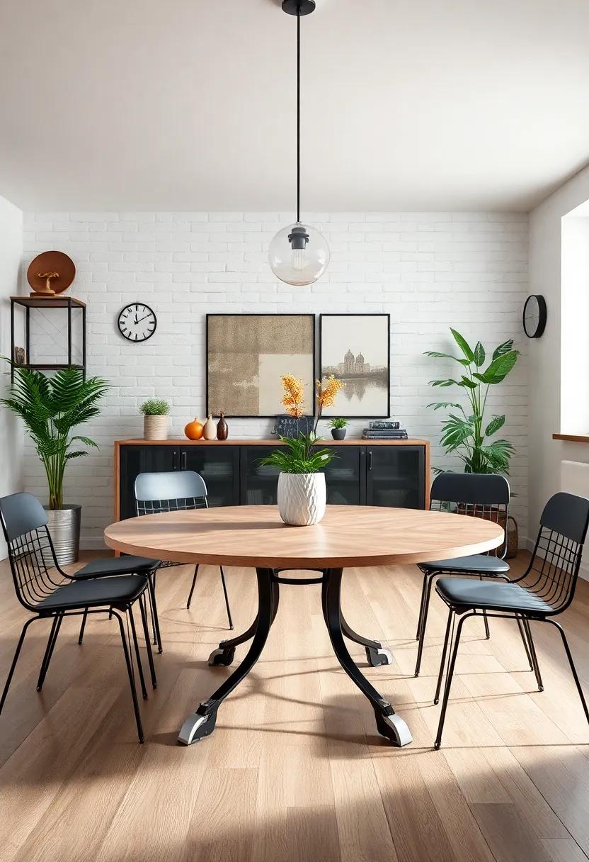 Opt for a large, round dining table with wrought-iron legs, encouraging casual conversations while⁢ embracing an industrial aesthetic