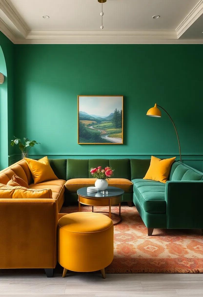 Bold Color Combinations: Embrace unexpected color pairings, such as emerald green velvet with mustard yellow accents, to create a vibrant yet sophisticated atmosphere