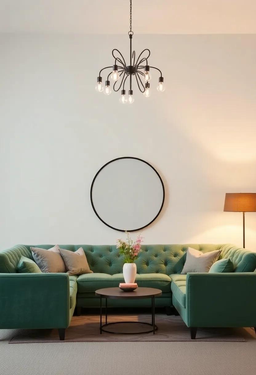 Statement Lighting: Opt for a chic chandelier or bold floor lamp with retro flair to serve as a focal point, casting a soft glow that accentuates the plushness of your furniture