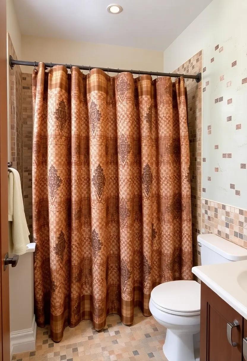 21) Customized Shower curtain: Select a shower curtain with rustic patterns that​ ties in with your⁣ mosaic‍ tiles, adding a cohesive design element