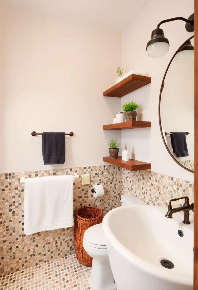5) Reclaimed Wood​ shelving: Install rustic wooden shelves to display decorative toiletries, plants, or towels alongside your mosaic tiles