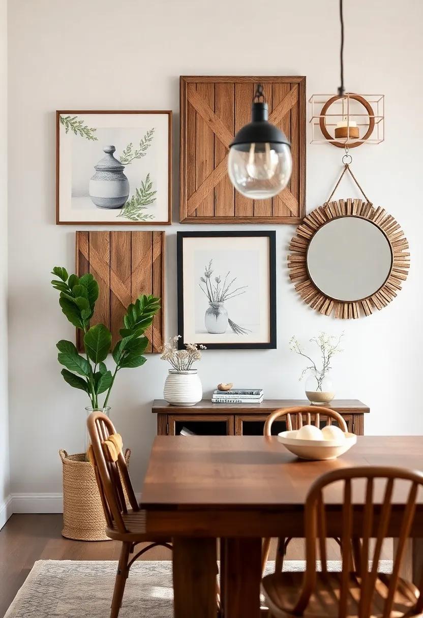 Artful Wall Decor Featuring Farmhouse-Inspired Artwork and Mirrors