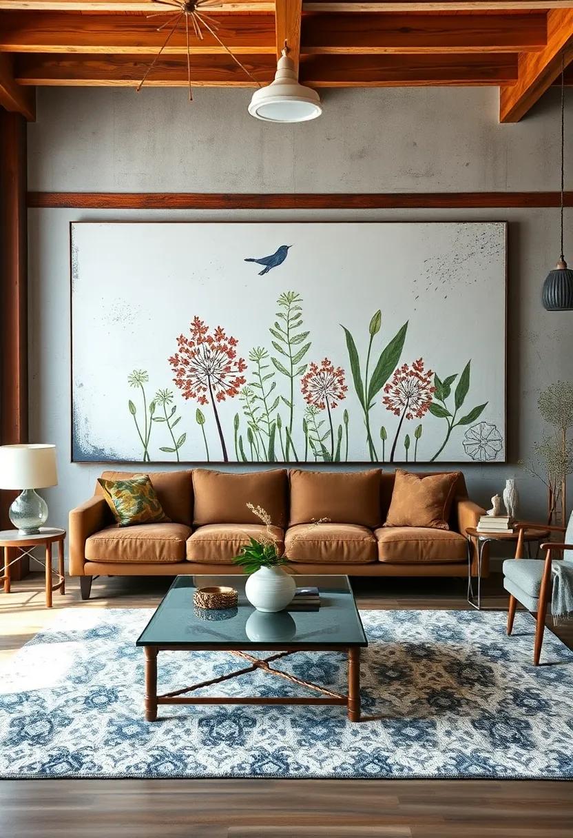 Large Canvas Art: Feature oversized artworks that echo industrial themes or nature-inspired motifs to anchor the space visually