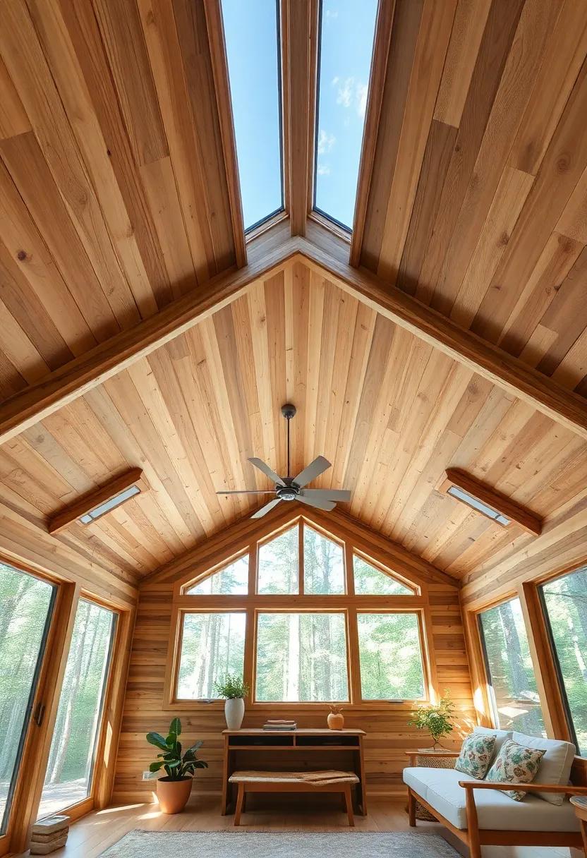 A Cozy Cabin Retreat: Dive into the charm of a wooden beam ceiling that transforms a small cabin into a cozy retreat, featuring natural finishes that harmoniously blend with the surrounding forest