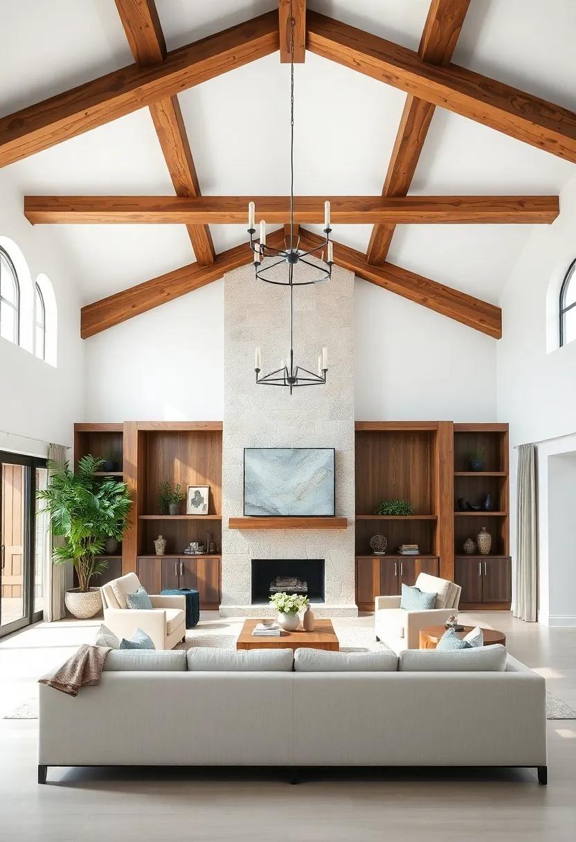 Elegant Exposed beams: Unveil the elegance of a grand living room adorned with wide, exposed beams that elevate the space and provide a dramatic contrast against crisp white walls