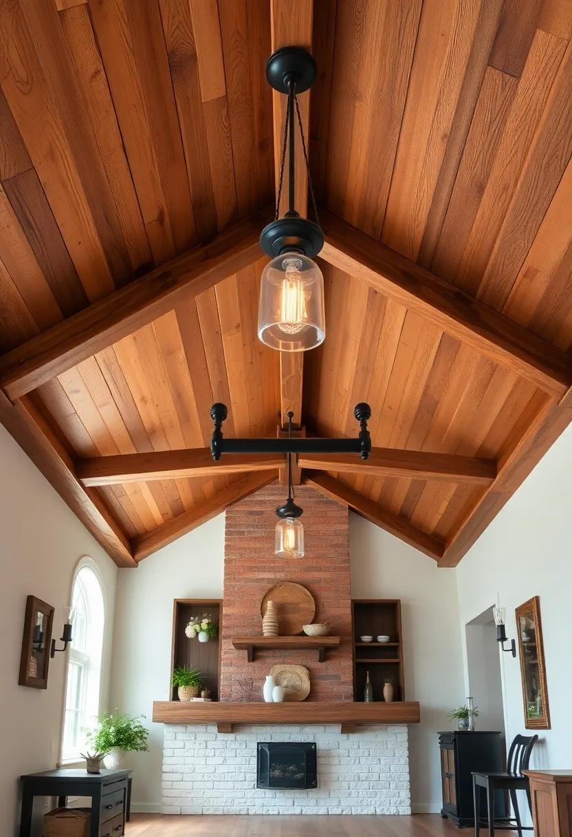 farmhouse Flair: Discover the timeless appeal of a traditional farmhouse with a rustic wooden beam ceiling, accented by vintage light fixtures that add character and nostalgia to the setting