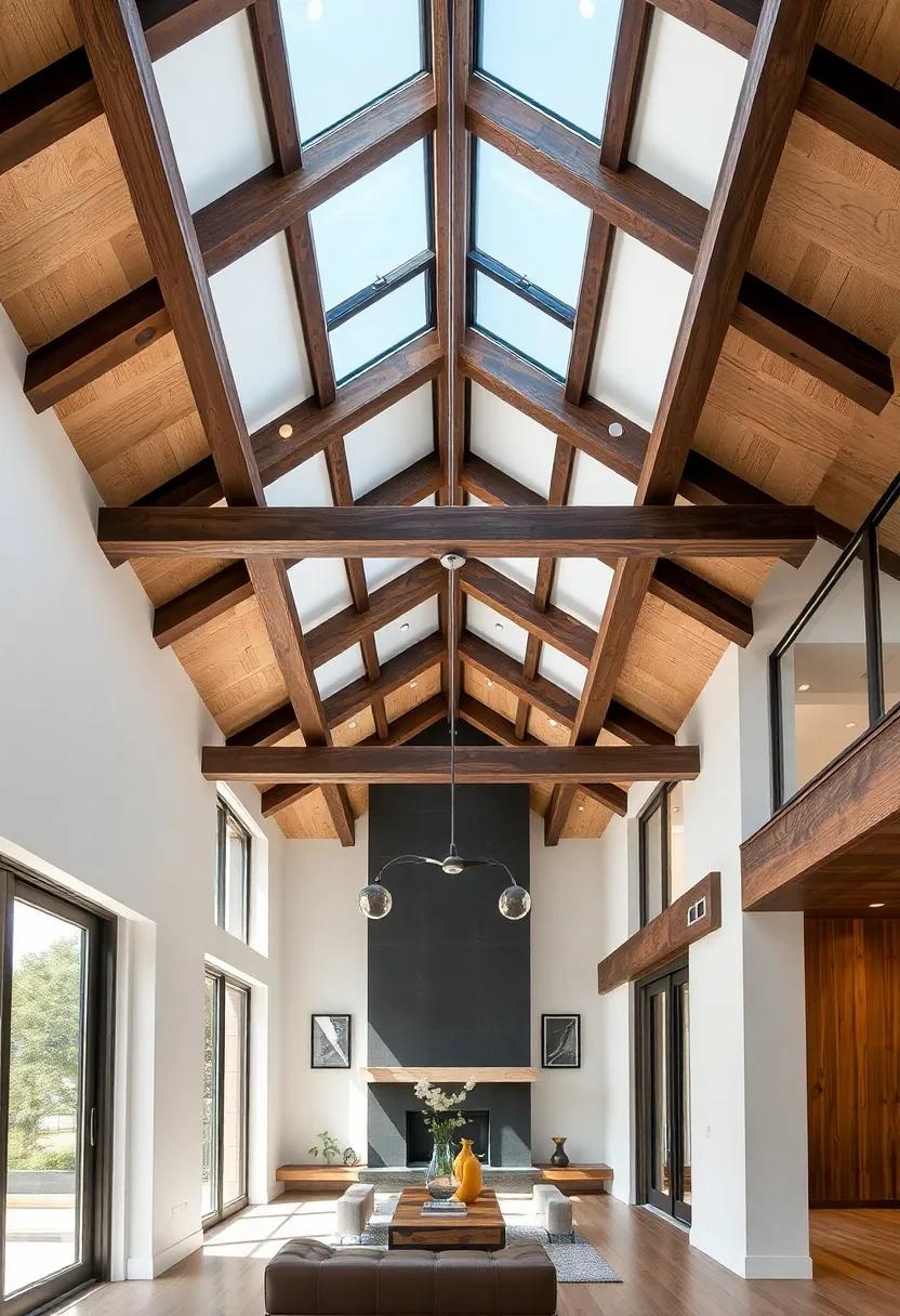 Modern Rustic Fusion: Explore a stunning modern home where sleek lines meet rustic charm, highlighted by dark wooden beams that anchor the airy space while offering a sense of warmth
