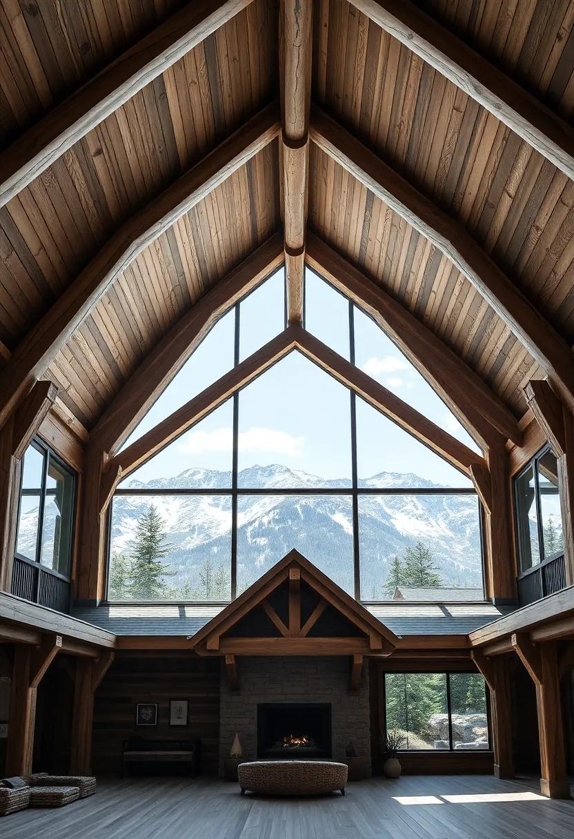 Rustic Mountain Lodge: Find inspiration in a stunning mountain lodge adorned with high ceilings and intricately designed wooden beams that complement the majestic views of towering mountains
