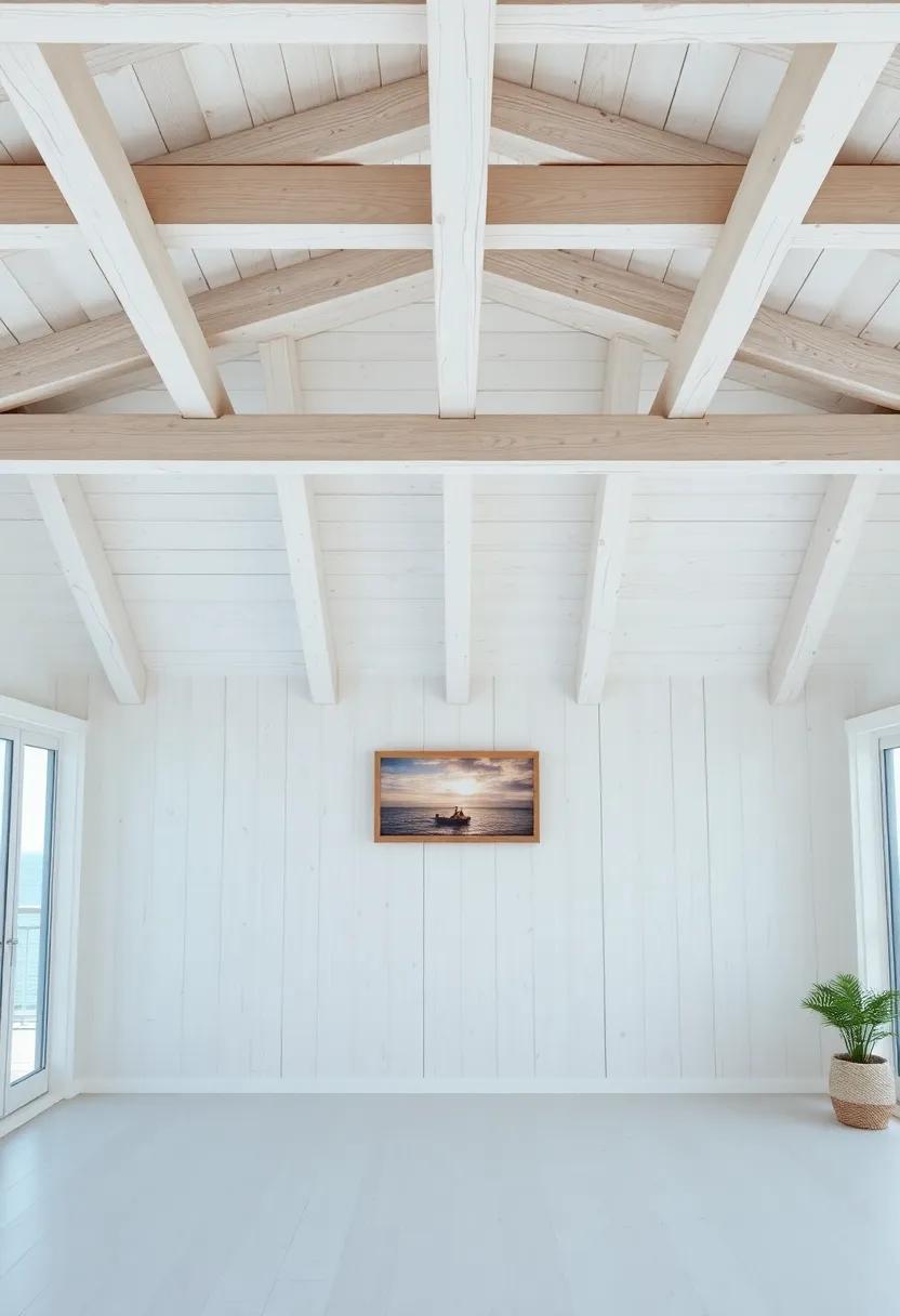 Serene Coastal Retreat: Picture a serene coastal retreat with light, white-washed wooden beams that reflect the calming ocean vibes, creating an inviting atmosphere for relaxation and rejuvenation